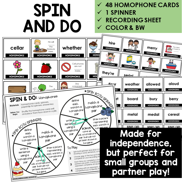 Spin & Do homophone cards, spinner, and directions