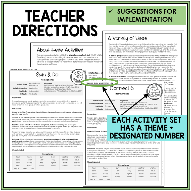 Teacher directions and suggestions for implementation, homophones