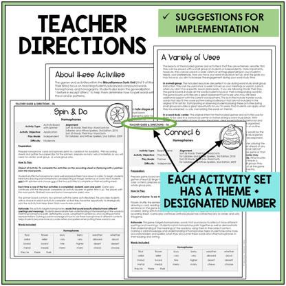 Teacher directions and suggestions for implementation, homophones