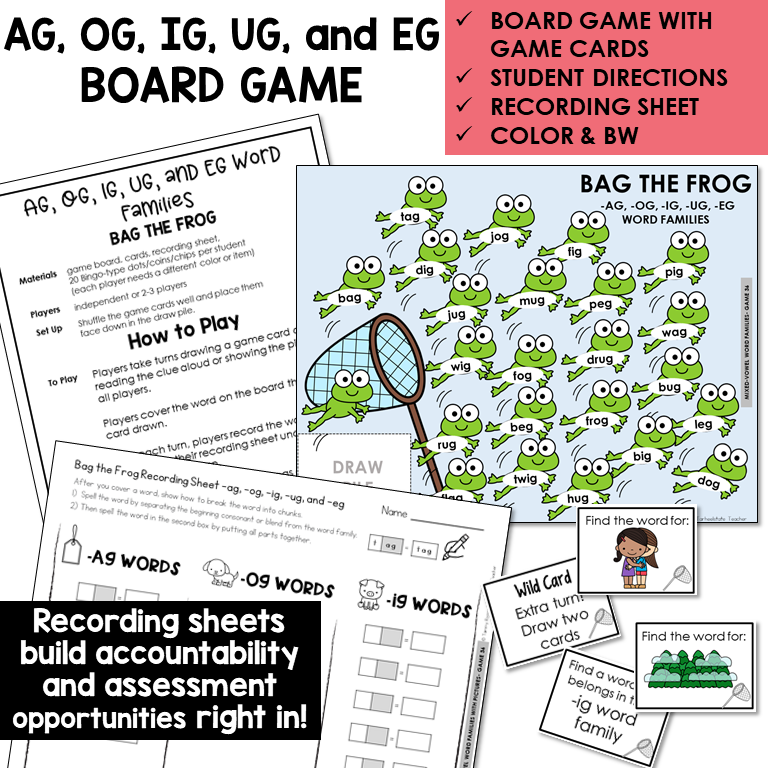 Bag the Frog board game, game cards, and recording sheet for AG, OG, IG, UG, and EG word families