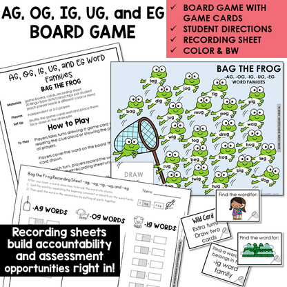 Bag the Frog board game, game cards, and recording sheet for AG, OG, IG, UG, and EG word families