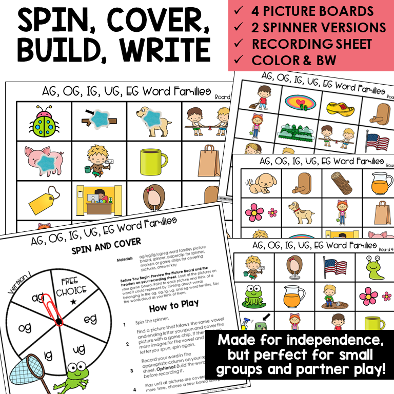 Spin, Cover, Build, Write picture boards and spinners for AG, OG, IG, UG, and EG word families