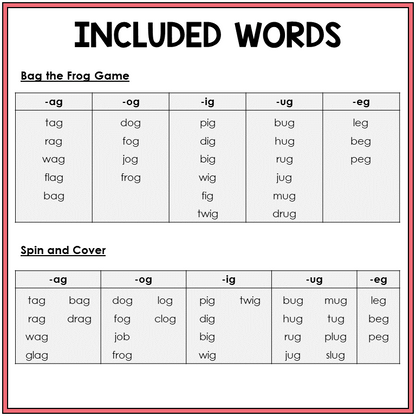 Word list for AG, OG, IG, UG, and EG word family games, Sort 36