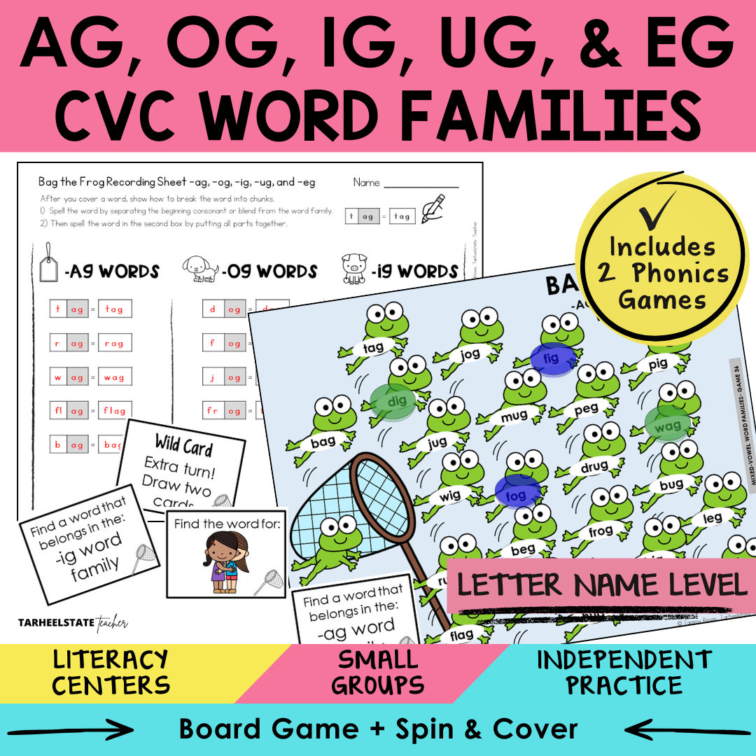 AG, OG, IG, UG, & EG CVC Word Families Sort 36 Letter Name Games cover