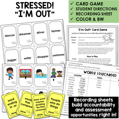 I'm Out Card Game for agents and comparatives with -ER, -AR, and -OR, with recording sheet