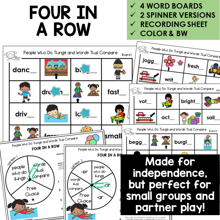 Four In A Row for agents and comparatives with -ER, -AR, and -OR, with spinners and recording sheet