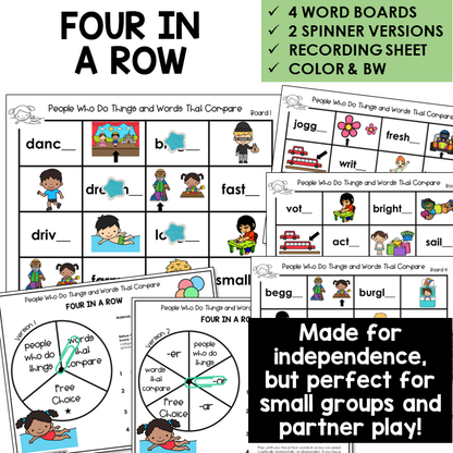 Four In A Row for agents and comparatives with -ER, -AR, and -OR, with spinners and recording sheet