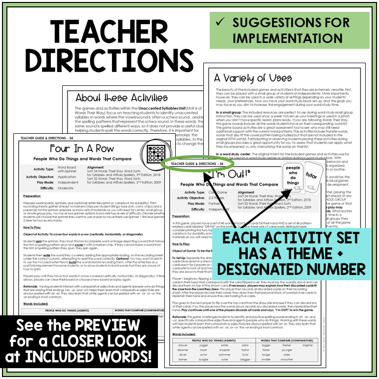 Teacher directions for agents and comparatives with -ER, -AR, and -OR games