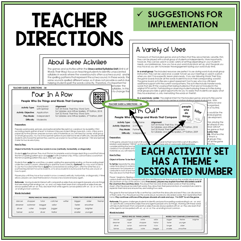Teacher directions and suggestions for implementation, agents and comparatives with -ER, -AR, and -OR