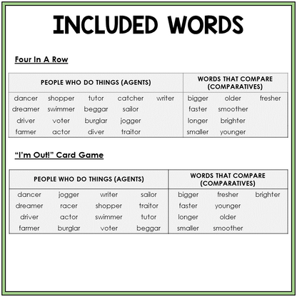 Word list for agents and comparatives with -ER, -AR, and -OR, Sort 34