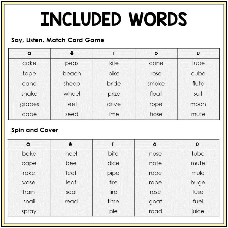Picture word list for long vowel review games, Sort 6