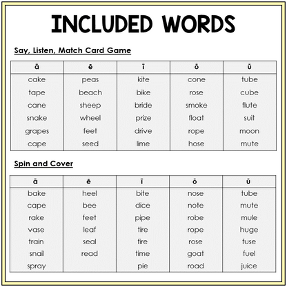 Picture word list for long vowel review games, Sort 6