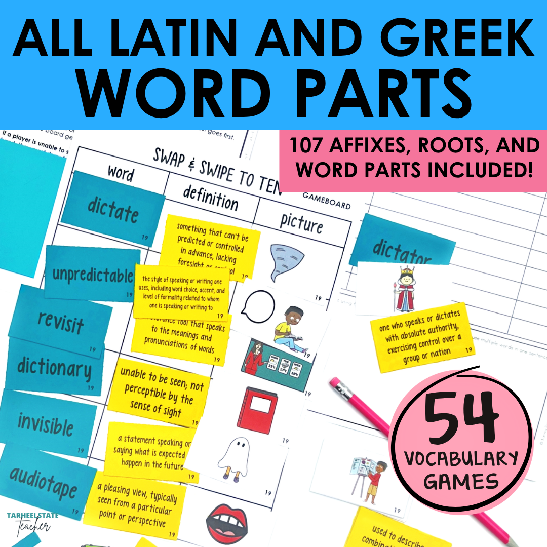 Engaging spelling games and activities for Latin and Greek roots, prefixes, and suffixes in the Derivational Relations stage.