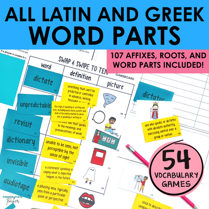 Engaging spelling games and activities for Latin and Greek roots, prefixes, and suffixes in the Derivational Relations stage.