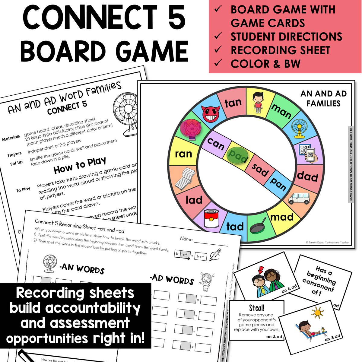 Connect 5 board game, game cards, and recording sheet for AN and AD word families