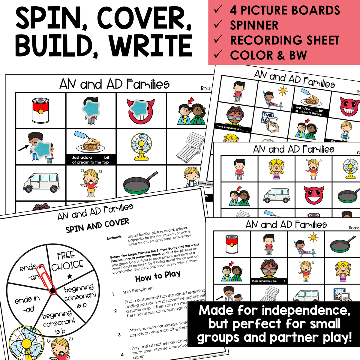 Spin, Cover, Build, Write picture boards and spinner for AN and AD word families