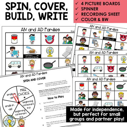 Spin, Cover, Build, Write picture boards and spinner for AN and AD word families