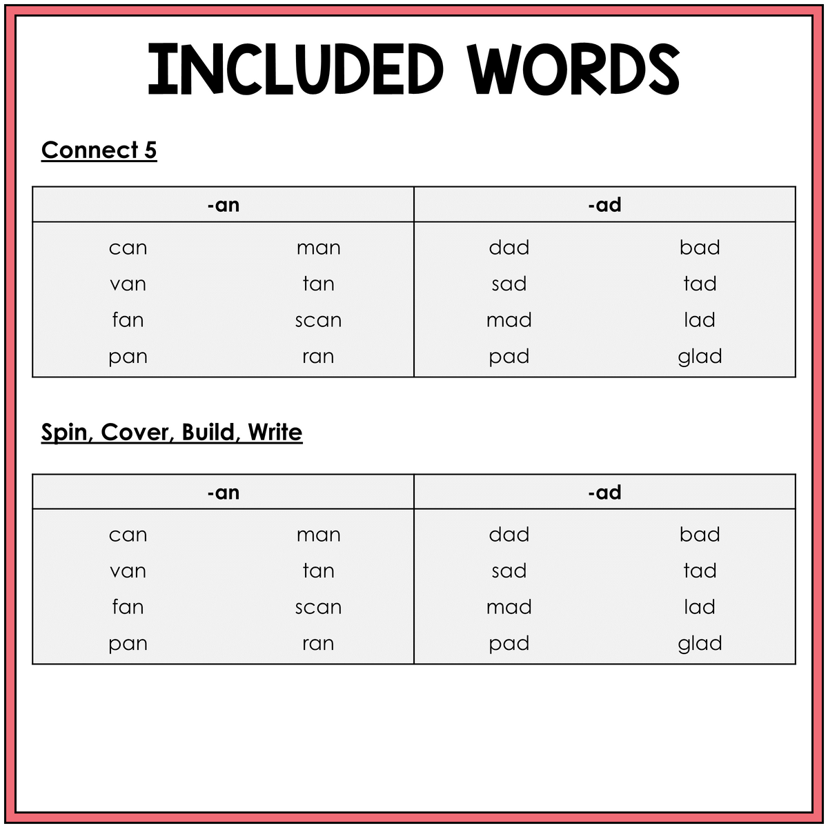 Word list for AN and AD word family games, Sort 13
