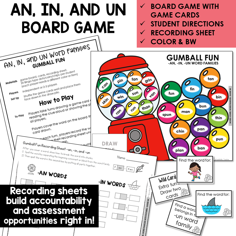 Gumball Fun board game, game cards, and recording sheet for AN, IN, and UN word families