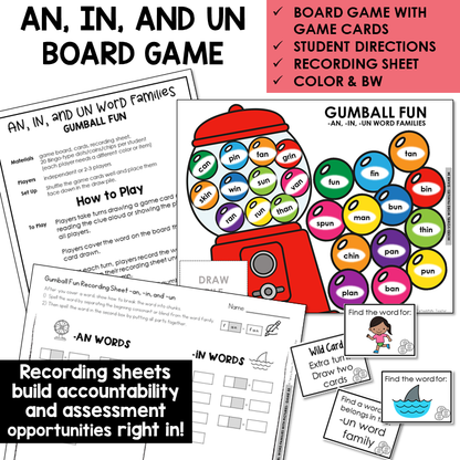 Gumball Fun board game, game cards, and recording sheet for AN, IN, and UN word families