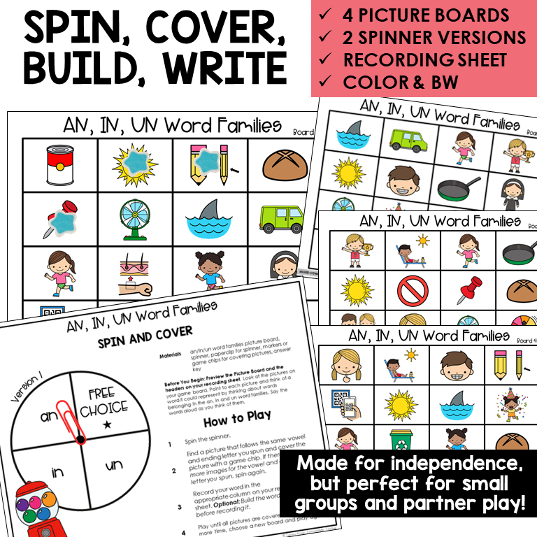 Spin, Cover, Build, Write picture boards and spinners for AN, IN, and UN word families