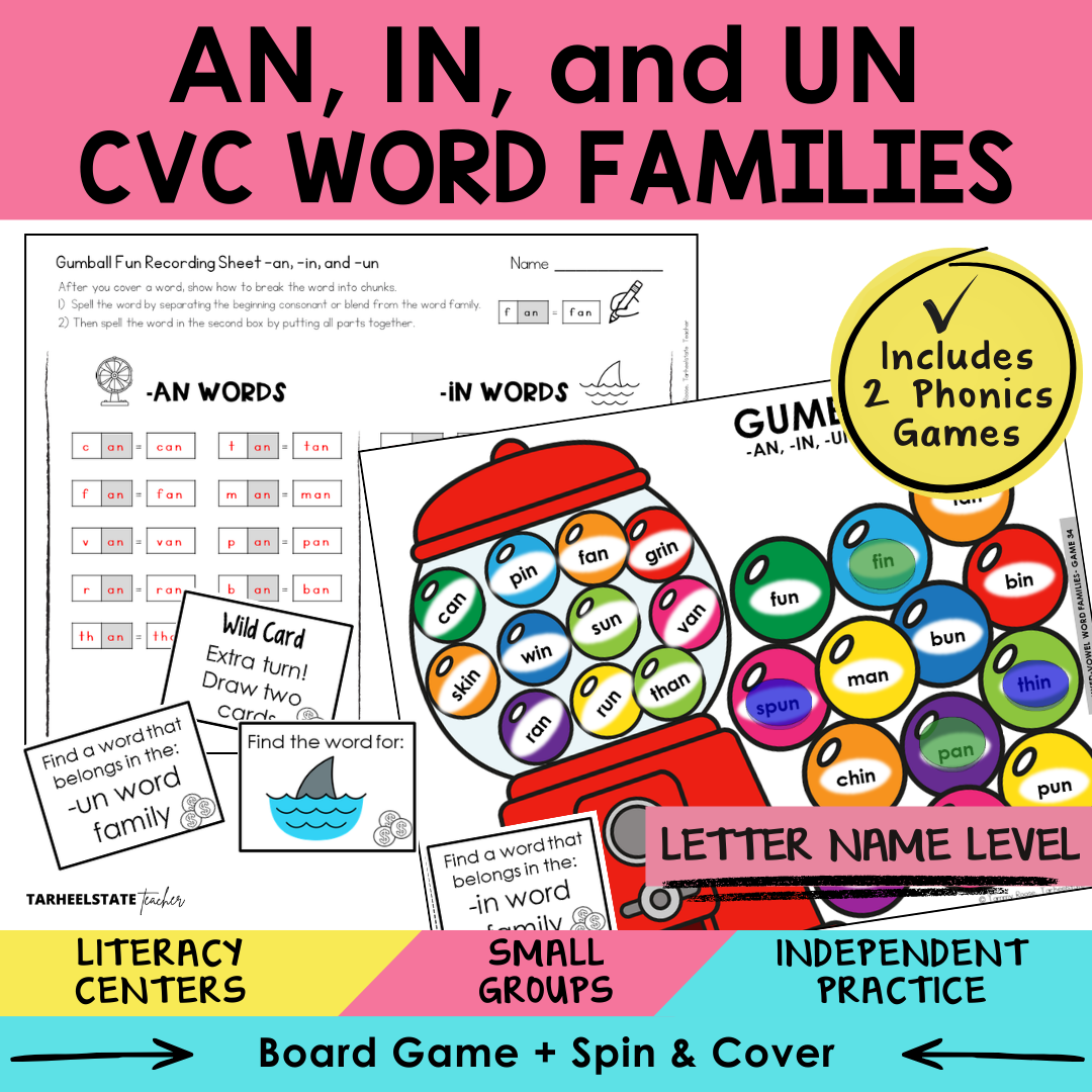 AN, IN, and UN CVC Word Families Sort 34 Letter Name Games cover