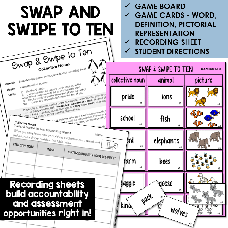 Swipe & Swap to Ten card game for animal collective nouns