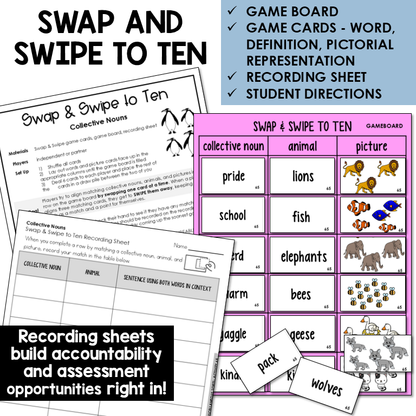 Swipe & Swap to Ten card game for animal collective nouns