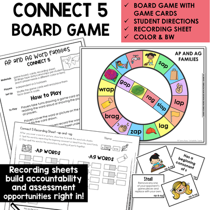Connect 5 board game, game cards, and recording sheet for AP and AG word families