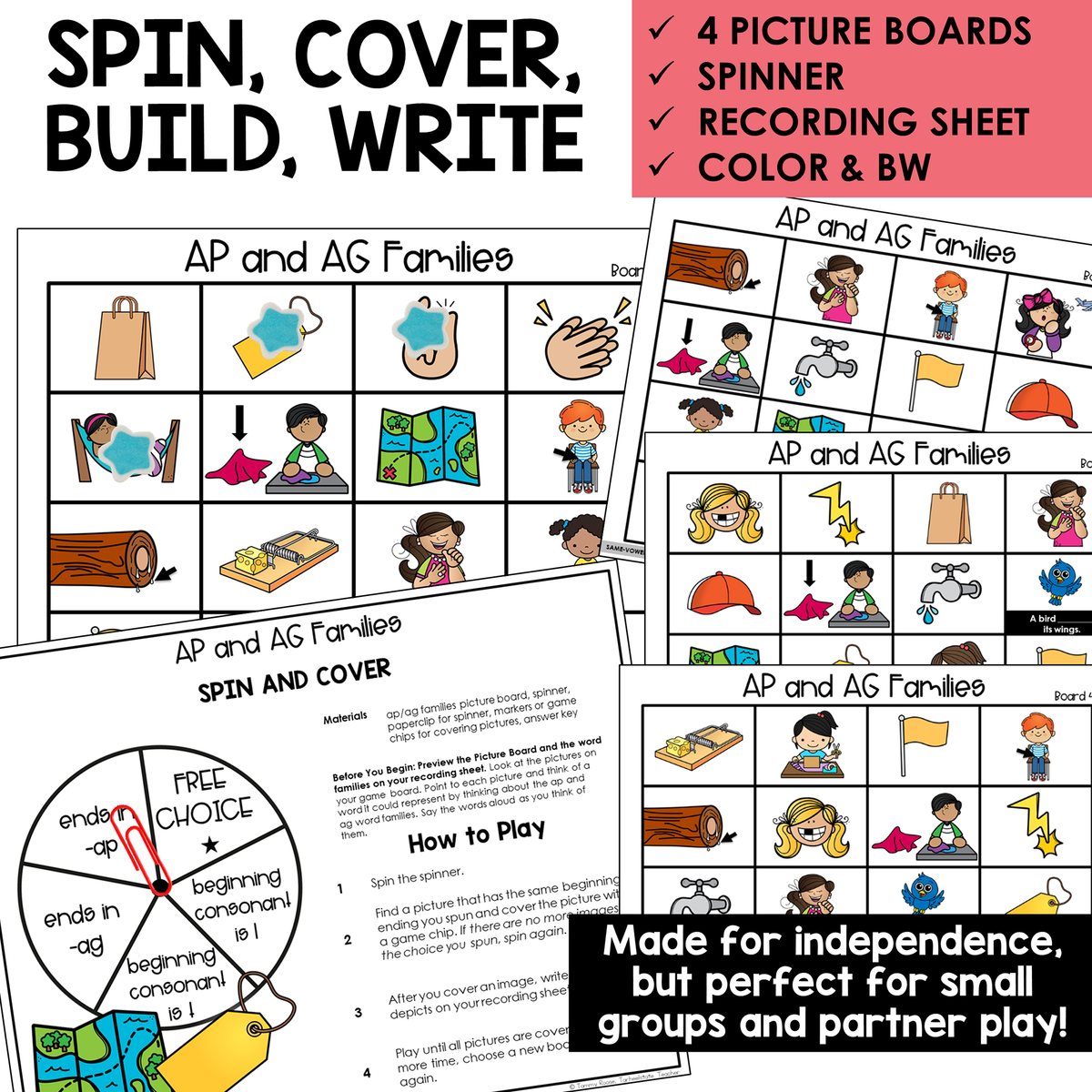Spin, Cover, Build, Write picture boards and spinner for AP and AG word families