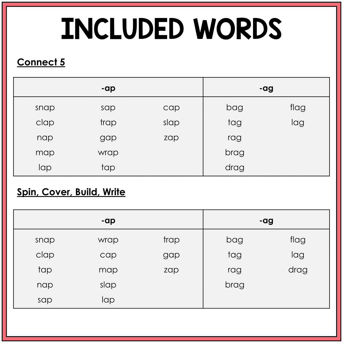 Word list for AP and AG word family games, Sort 14