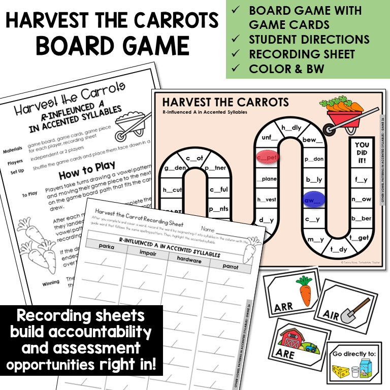 Harvest the Carrots Board Game for R-controlled AR, AIR, and ARR in accented syllables, with recording sheet