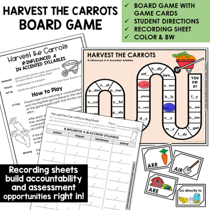 Harvest the Carrots Board Game for R-controlled AR, AIR, and ARR in accented syllables, with recording sheet
