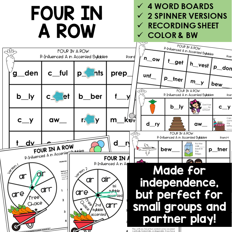 Four In A Row for R-controlled AR, AIR, and ARR in accented syllables, with spinners and recording sheet
