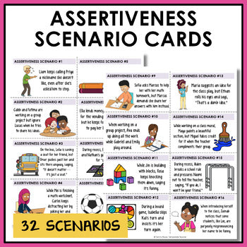 Assertiveness scenario cards for practicing passive, assertive, and aggressive communication