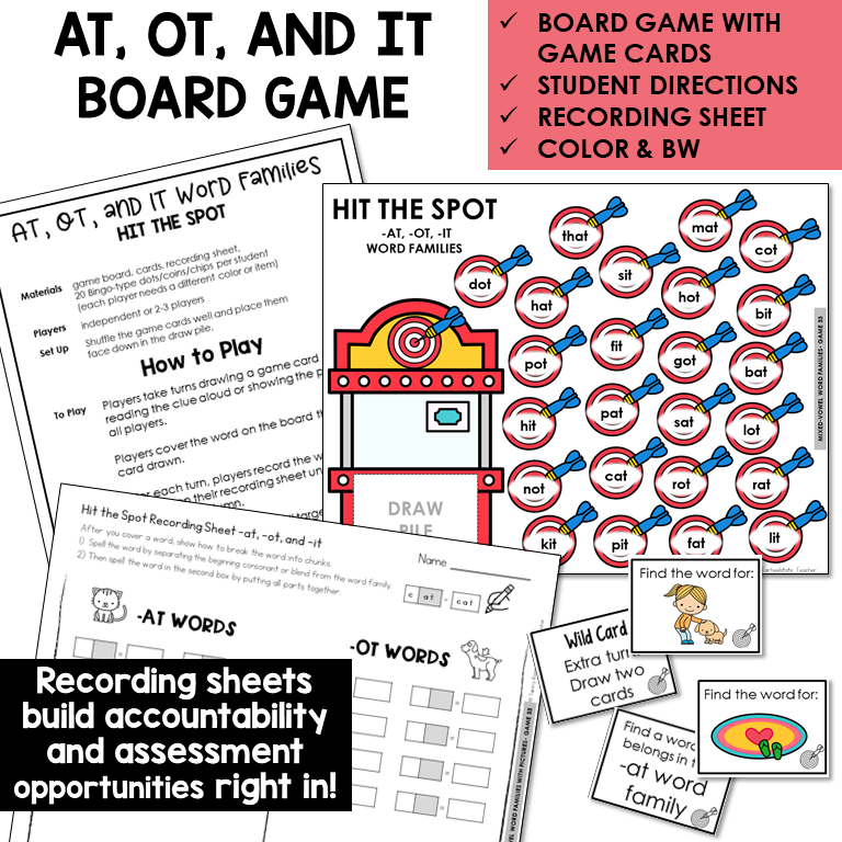 Hit the Spot board game, game cards, and recording sheet for AT, OT, and IT word families