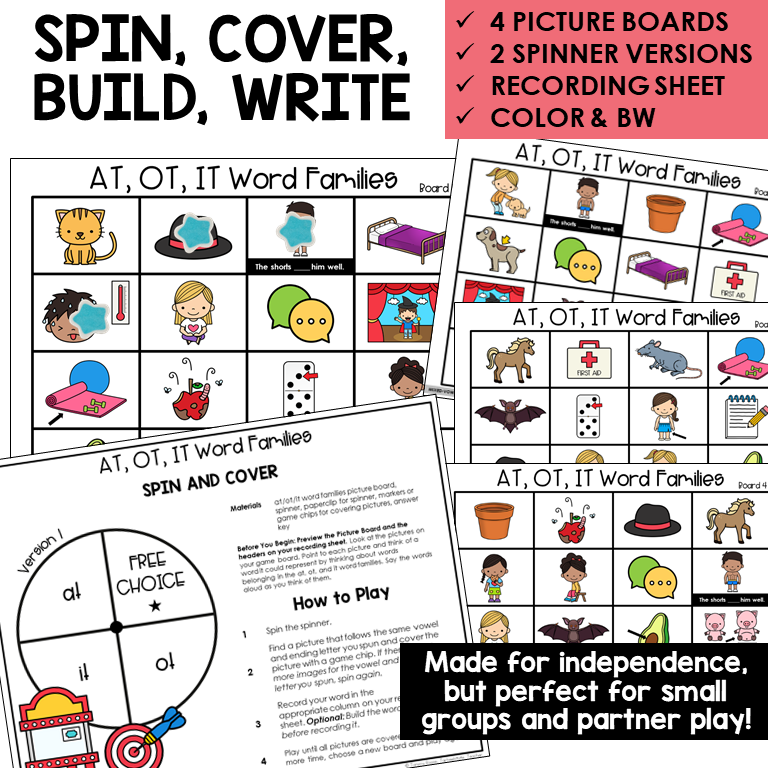 Spin, Cover, Build, Write picture boards and spinners for AT, OT, and IT word families