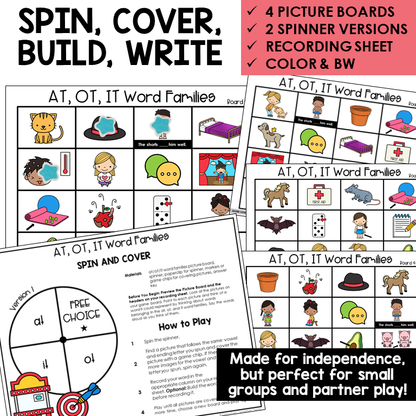 Spin, Cover, Build, Write picture boards and spinners for AT, OT, and IT word families