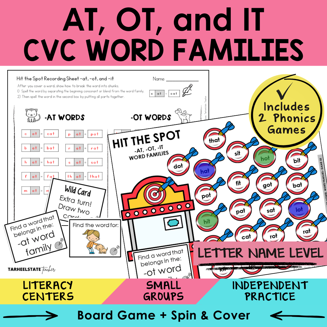 AT, OT, and IT CVC Word Families Sort 33 Letter Name Games cover