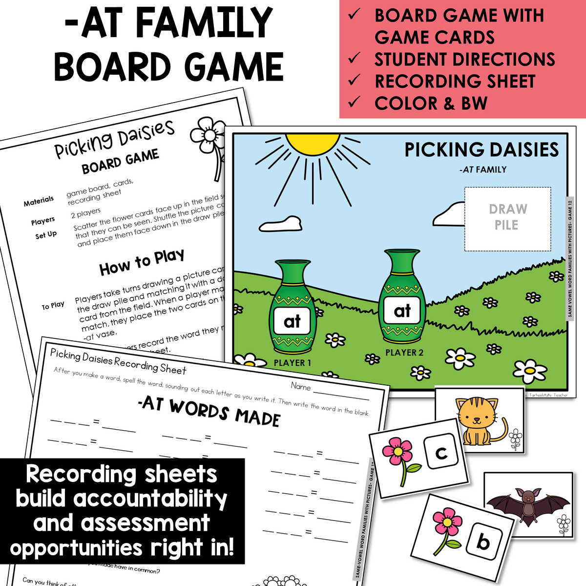 Picking Daisies board game, game cards, and recording sheet for -AT words