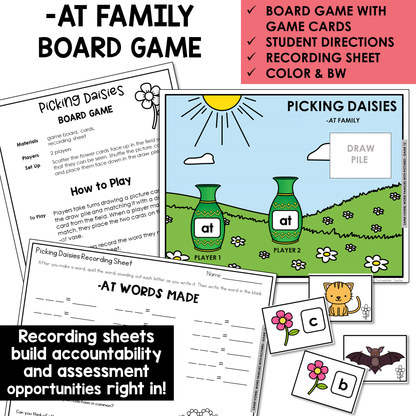 Picking Daisies board game, game cards, and recording sheet for -AT words
