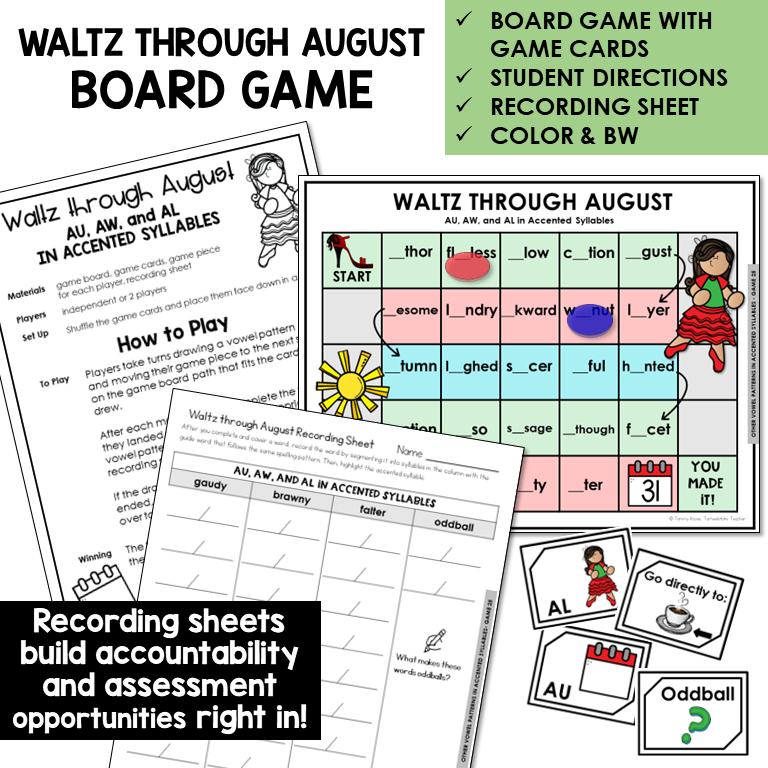 Waltz through August Board Game for AU, AW, and AL in accented syllables, with recording sheet