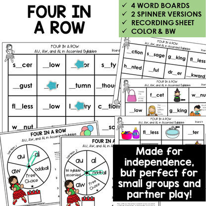 Four In A Row for AU, AW, and AL in accented syllables, with spinners and recording sheet