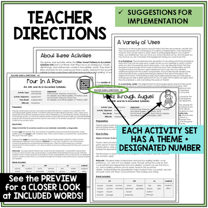 Teacher directions for AU, AW, and AL in accented syllables games