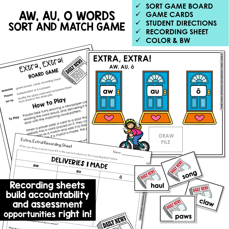 AW, AU, and O sort and match board game with recording sheet