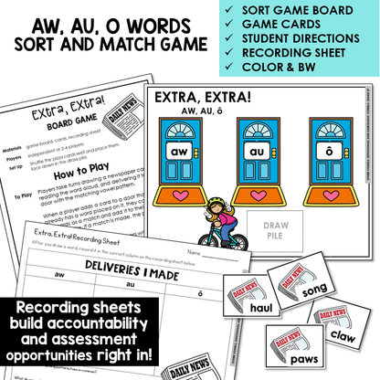 AW, AU, and O sort and match board game with recording sheet