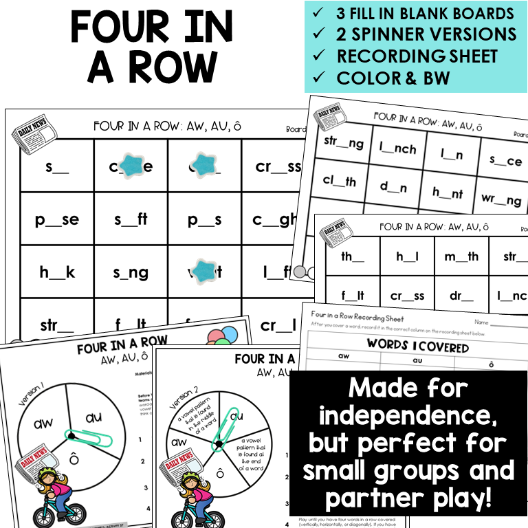 Four In A Row boards, spinners, and recording sheet for AW, AU, and O