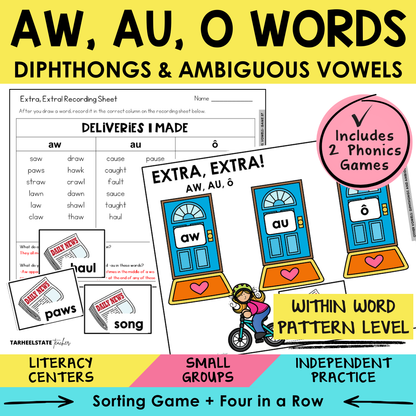 AW, AU, O Words Diphthongs & Ambiguous Vowels Sort 37 Within Word Pattern Games cover