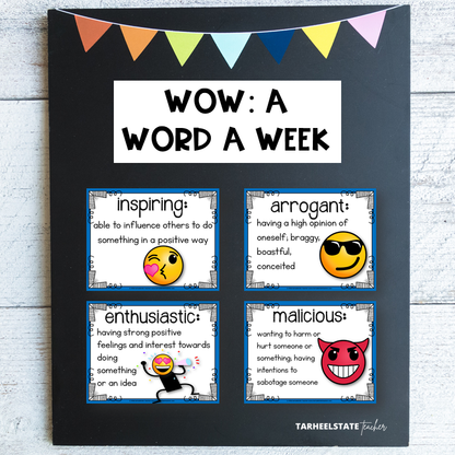 Emoji Character Traits List Graphic Organizers and Vocabulary Activities Bulletin Board