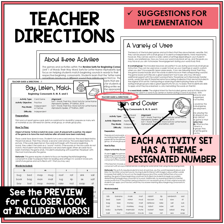 Teacher directions for beginning sounds games